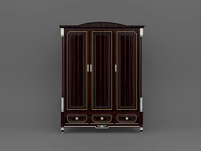 Dark Wood Wine Cabinet With Three Doors Gold Accents Bottom Drawers And Metal Legs 3d model