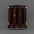Dark Wood Wine Cabinet With Three Doors Gold Accents Bottom Drawers And Metal Legs