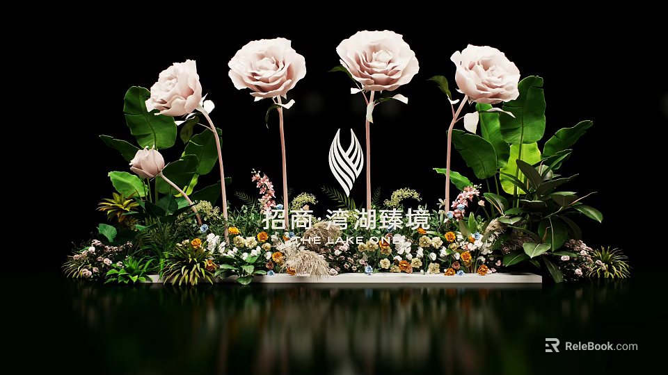 Elegant Floral Installation With Pink Roses Green Leaves And Small Decorative Flowers 3d model 