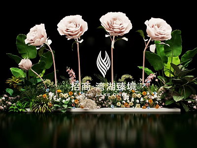 Elegant Floral Installation With Pink Roses Green Leaves And Small Decorative Flowers 3d model