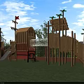 Garden Landscape With Wooden Pirate Ship Playground Slide Climbing Net And Red Flag