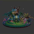Cute Blue Dragon 3D Fantasy Game Character with Green Grass Tropical Plants and Red Mushrooms