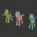 Colorful Cartoon Pony Toys With Rainbow Manes Wings And Yellow Pink Blue Colors