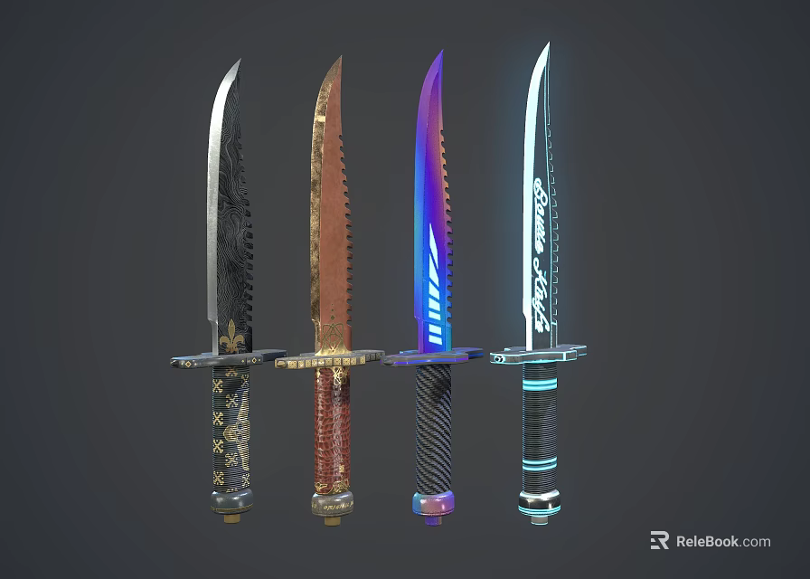 Collection of Decorative Knives With Colorful Blades and Ornate Handles on Display Stand 3d model 
