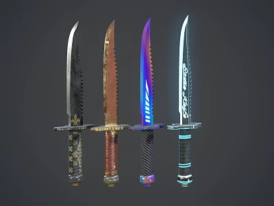 Collection of Decorative Knives With Colorful Blades and Ornate Handles on Display Stand 3d model
