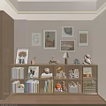 Cozy Storage Cabinet With Books Framed Art Toys And Table Lamp In Room Corner