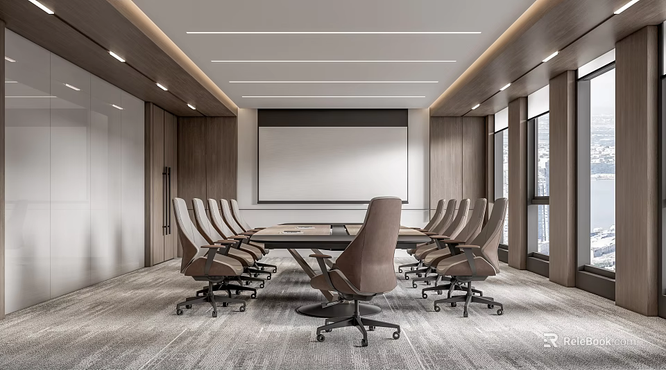 Modern Conference Room Interior Design With Large Projection Screen Ergonomic Chairs And Wooden Paneling 3d model 