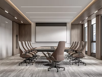 Modern Conference Room Interior Design With Large Projection Screen Ergonomic Chairs And Wooden Paneling 3d model
