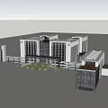 Modern Office Building Complex With Glass Facade Parking Area And Green Space
