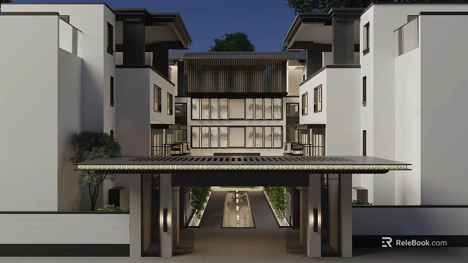 Elegant Modern Detached Villa With Chinese Wooden Grilles Courtyard And Entrance Lighting 3d model 