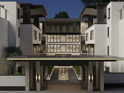 Elegant Modern Detached Villa With Chinese Wooden Grilles Courtyard And Entrance Lighting 3d model