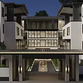 Elegant Modern Detached Villa With Chinese Wooden Grilles Courtyard And Entrance Lighting