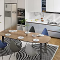 Modern Restaurant Dining Area With White Cabinets Blue Gray Chairs Green Plants And Wooden Floor