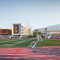Modern School Building With Red Track Playground Colorful Flags Spectators And Students Running