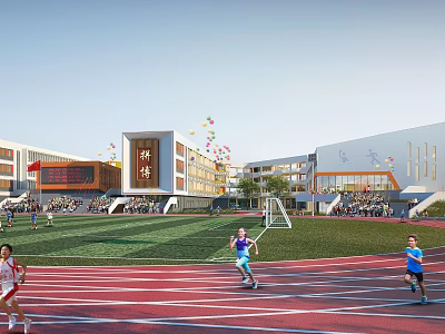 Modern School Building With Red Track Playground Colorful Flags Spectators And Students Running 3d model