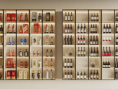 Wine Bottles And Glasses In A Luxury Liquor Cabinet 3d model