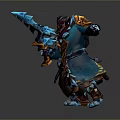 Man in Decorated Blue and Gold Armor Holding Weapon in Battle Stance