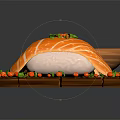 Fresh Salmon Sushi Served on Wooden Platter with Soy Sauce Wasabi and Colorful Garnishes