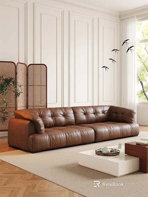Brown Leather Two Seater Sofa with White Wall Wooden Screen Potted Plant and Bird Decor 3d model 