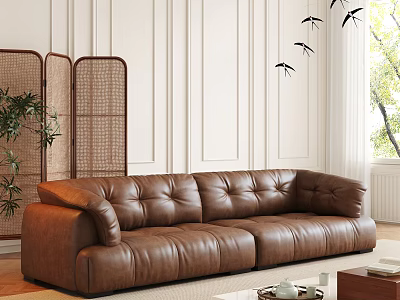 Brown Leather Two Seater Sofa with White Wall Wooden Screen Potted Plant and Bird Decor 3d model