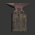 Vintage Red Rustic Anvil Standing On Textured Wooden Base With Natural Grain