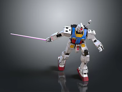White Robot Figure With Glowing Sword Blue Yellow Red Details Standing On Reflective Floor 3d model
