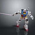 White Robot Figure With Glowing Sword Blue Yellow Red Details Standing On Reflective Floor