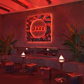 Stylish Jazz Bar Interior With Red Ambiance Decorative Panel Tropical Plants Leather Stools Seating Area