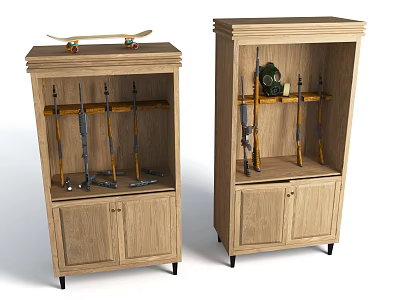 Two Wooden Display Cabinets With Skateboard Gas Mask And Tools Inside 3d model
