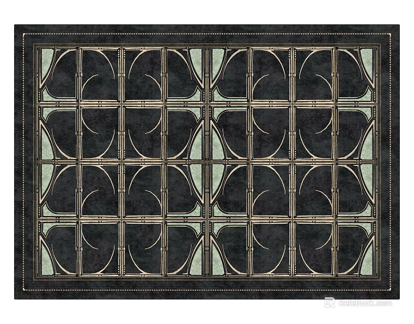 Square Carpet With Art Deco Geometric Pattern Intricate Design Black Background Gold Lines 3d model