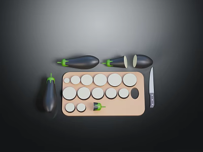 Whole and Halved Eggplants with Sliced Rounds on Wooden Cutting Board and Knife 3d model