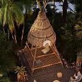 Tropical Landscape Pavilion With Thatched Roof By Pond Among Palm Trees And Lush Greenery