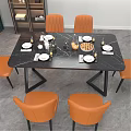 Black Marble Dining Table Set With Six Orange Leather Chairs And Tableware 3d model