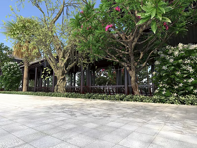 Beautiful Garden Landscape With Flowering Trees Wooden Pavilion Stone Pavement And Green Plants 3d model