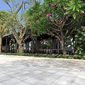 Beautiful Garden Landscape With Flowering Trees Wooden Pavilion Stone Pavement And Green Plants