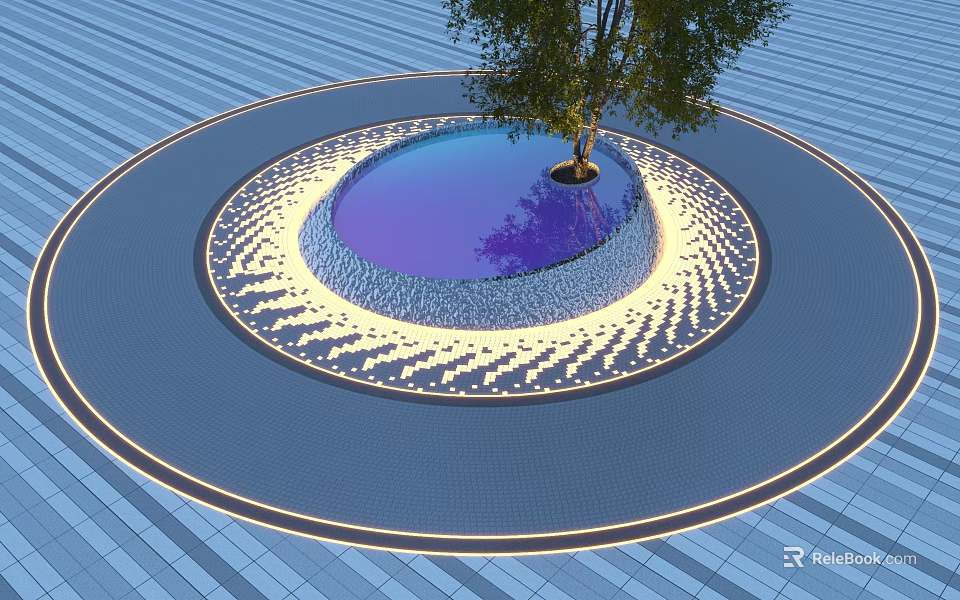 Circular Garden Ornament With Central Tree Pond Blue Tiled Floor And Lighting Accents 3d model 