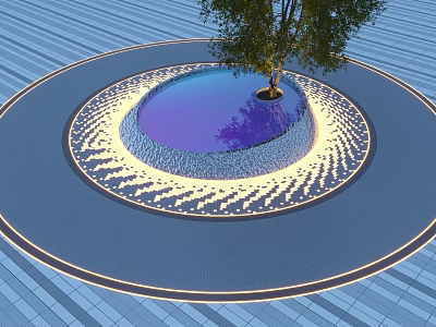 Circular Garden Ornament With Central Tree Pond Blue Tiled Floor And Lighting Accents 3d model
