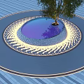 Circular Garden Ornament With Central Tree Pond Blue Tiled Floor And Lighting Accents