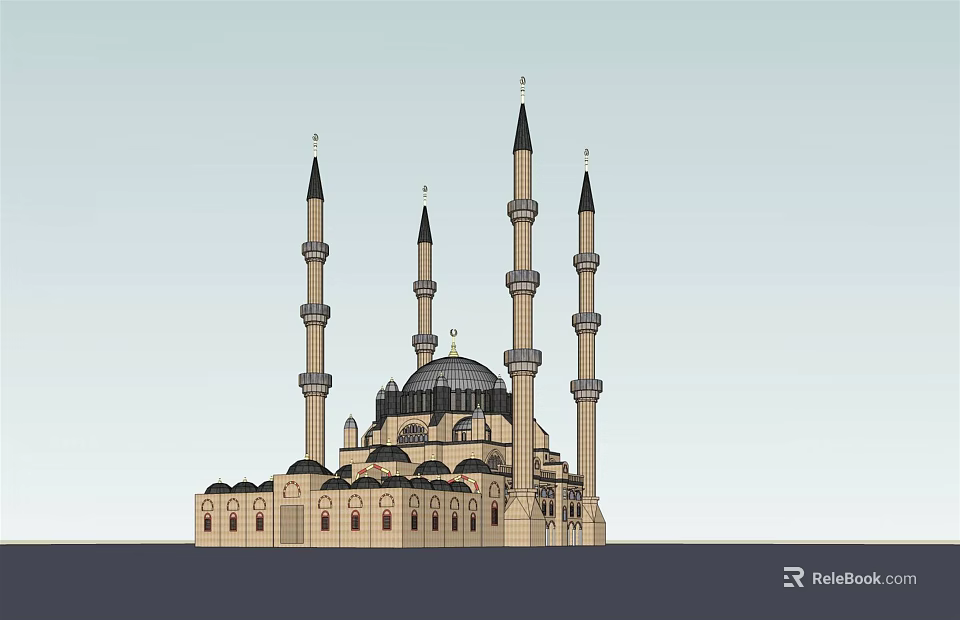 Grand Traditional Mosque Exterior Design With Multiple Minarets And Dome Roof 3d model 