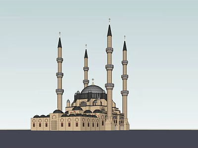 Grand Traditional Mosque Exterior Design With Multiple Minarets And Dome Roof 3d model