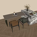 Modern Kitchen Interior With Marble Island Counter Chairs And Flower Vase