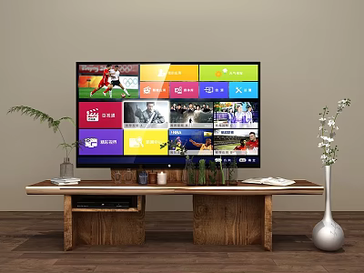 Modern Wooden TV Stand With Smart TV Colorful App Interfaces And Decorative Vase 3d model