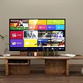 Modern Wooden TV Stand With Smart TV Colorful App Interfaces And Decorative Vase