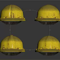 Four Reflective Golden Safety Helmets Displayed on Dark Background
