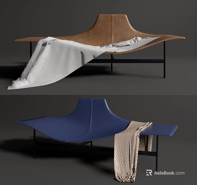 Modern Leather Lounge Chair In Brown And Blue With Soft Throw Blanket Details 3d model 