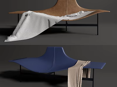 Modern Leather Lounge Chair In Brown And Blue With Soft Throw Blanket Details 3d model