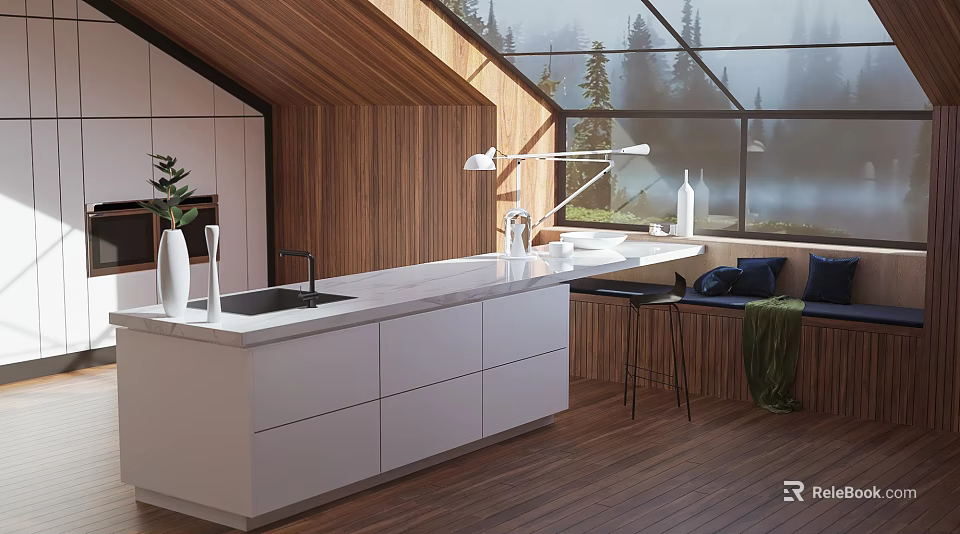 Modern Duplex Living Room With Wooden Walls Large Windows White Countertop And Black Stools 3d model 