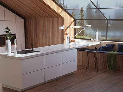 Modern Duplex Living Room With Wooden Walls Large Windows White Countertop And Black Stools 3d model