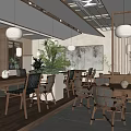 Modern Restaurant Interior Design With Wooden Dining Tables Green Plants And Pendant Lights