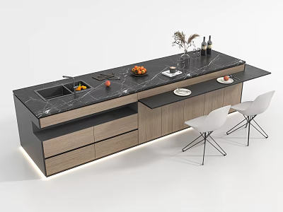 Modern Kitchen Island Design With Black Marble Countertop Fruits Wine Bottles Vase And White Chairs 3d model